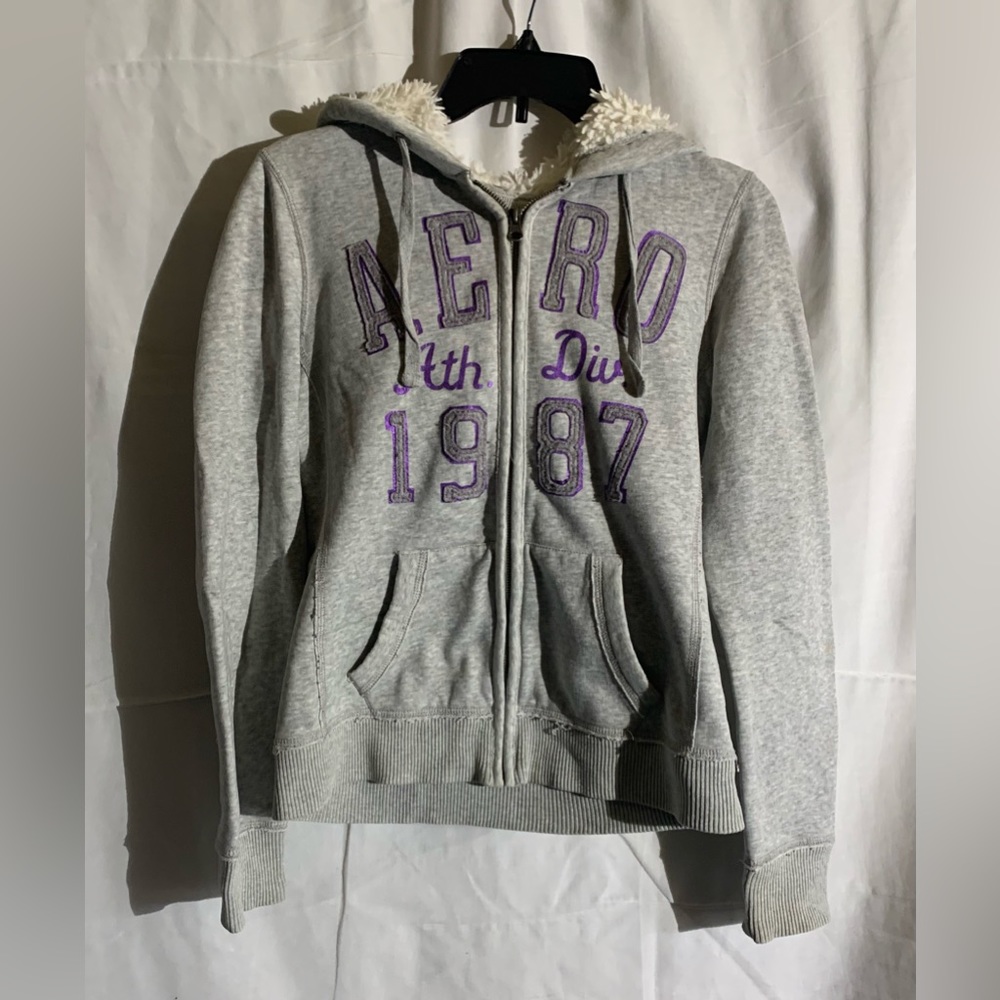 Aeropostale Sherpa Lined Zip Up Sweatshirt Hoodie, Size M, Grey, Purple, Sparkle